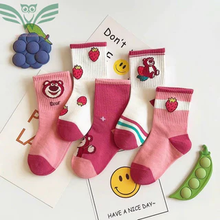 Set 5 đôi tất gấu dâu hồng cổ cao cho bé gái có size từ 1 đến 9 tuổi (ảnh thật)
