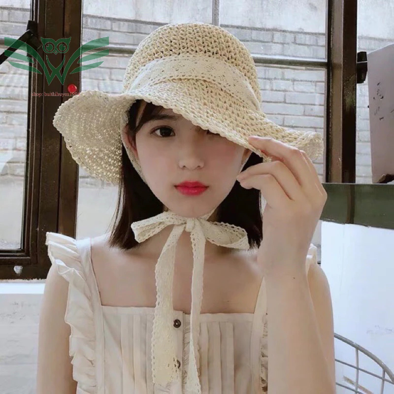 Mũ cói vintage mềm dây buộc dài xinh xắn