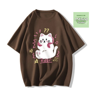 Áo thun nữ mặc tết hình mèo may mắn MENINA_STUDIO, áo thun cotton nữ dáng rộng trẻ trung