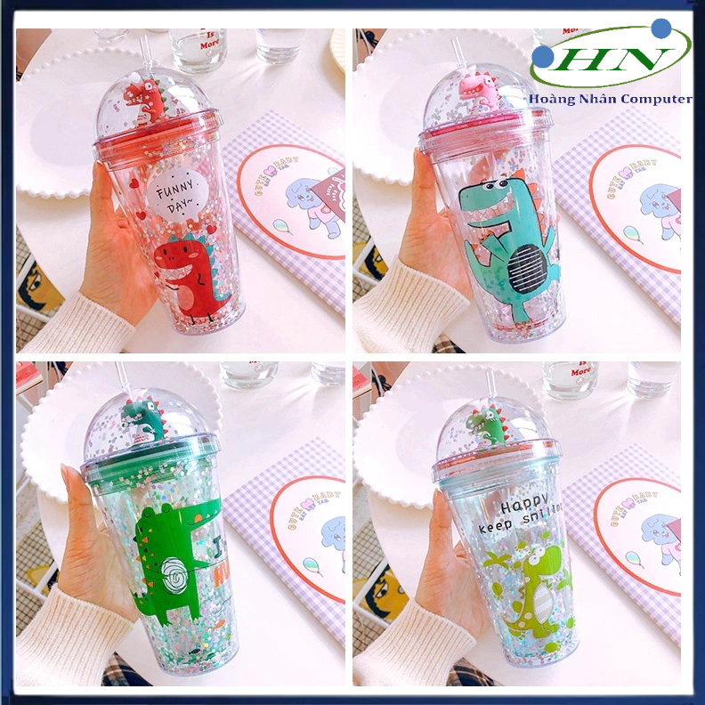 Ly giữ nhiệt khủng long 500ml, 2 lớp phủ kim tuyến tặng kèm ống hút siêu sang