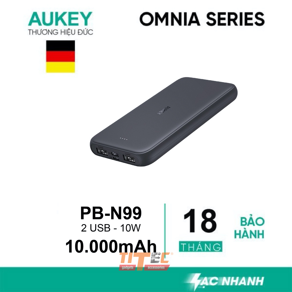 Sạc dự phòng Aukey 10.000mAh PB-N99, 2 cổng USB sạc nhanh 10W lõi pin Polimer -hàng chính hãng