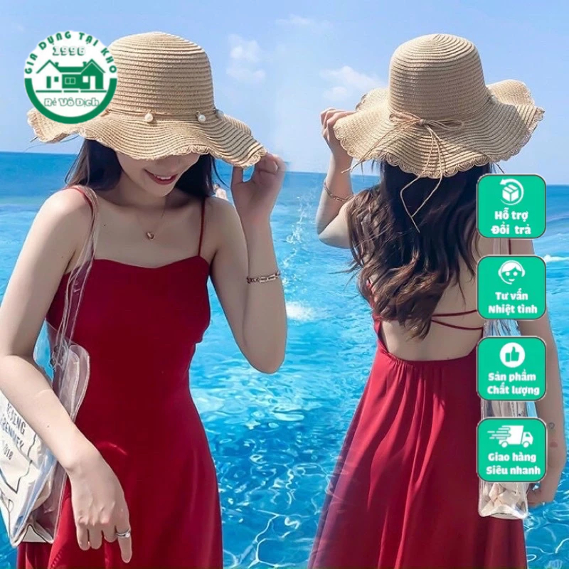 Nón Cói Đi Biển Vành Sóng Nơ Dây Hạt Ngọc