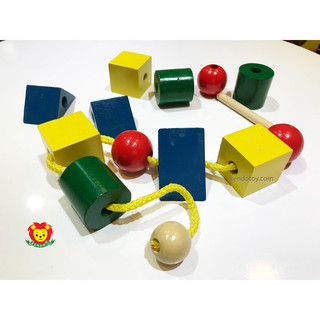 Đồ chơi xâu hạt 12 khối lớn, xỏ dây bằng gỗ tạo hình học khối giáo dục kỹ năng, đồ chơi gỗ montessori