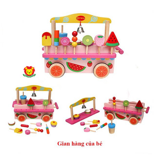 Đồ chơi xe bán hàng di động bằng gỗ cho bé chơi nhập vai sáng tạo thông minh, xe bán kem bằng gỗ