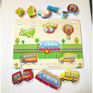 Tranh ghép hình nhận dạng các loại phương tiện giao thông, puzzle xe, đồ chơi gỗ mầm non