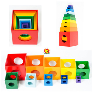 Lồng hộp vuông 10, Đồ chơi gỗ an toàn cho bé phát triển trí tuệ Montessori, xếp chồng tháp tỉ lệ