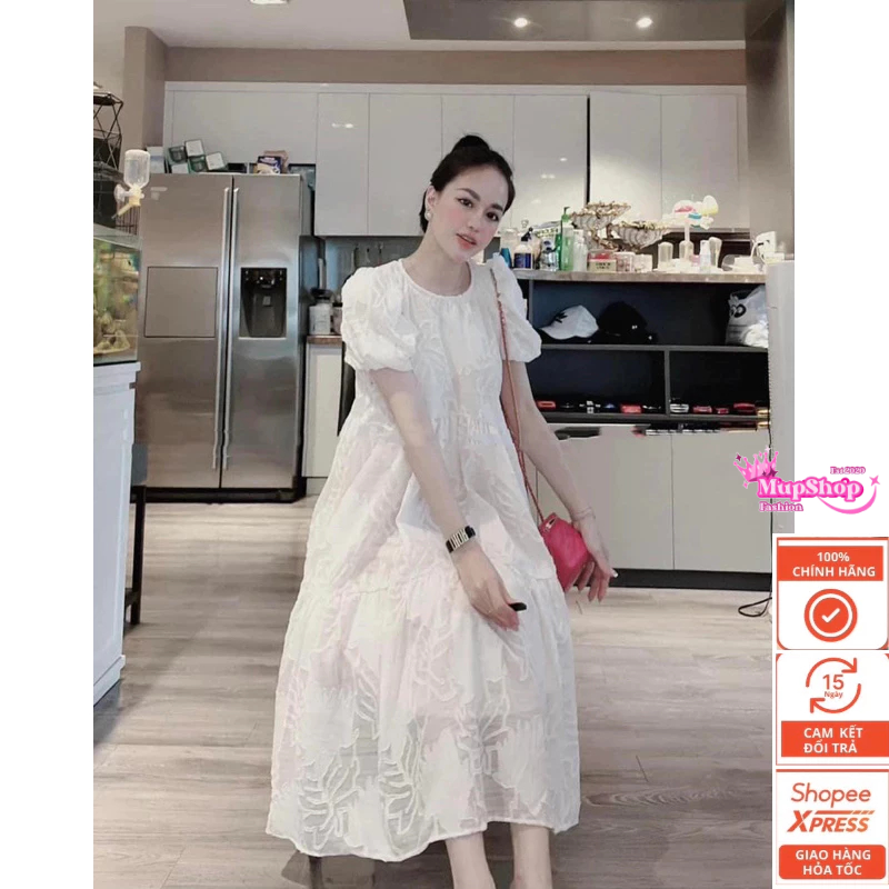 Váy babydoll Hoa Ren Trắng Thêu Nổi Cao Cấp Freesize , đầm bầu babydoll ren bigsize