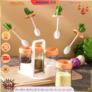 Set 4 lọ gia vị xương rồng, lọ thủy tinh đựng gia vị có thìa kèm khay, lọ đựng gia vị