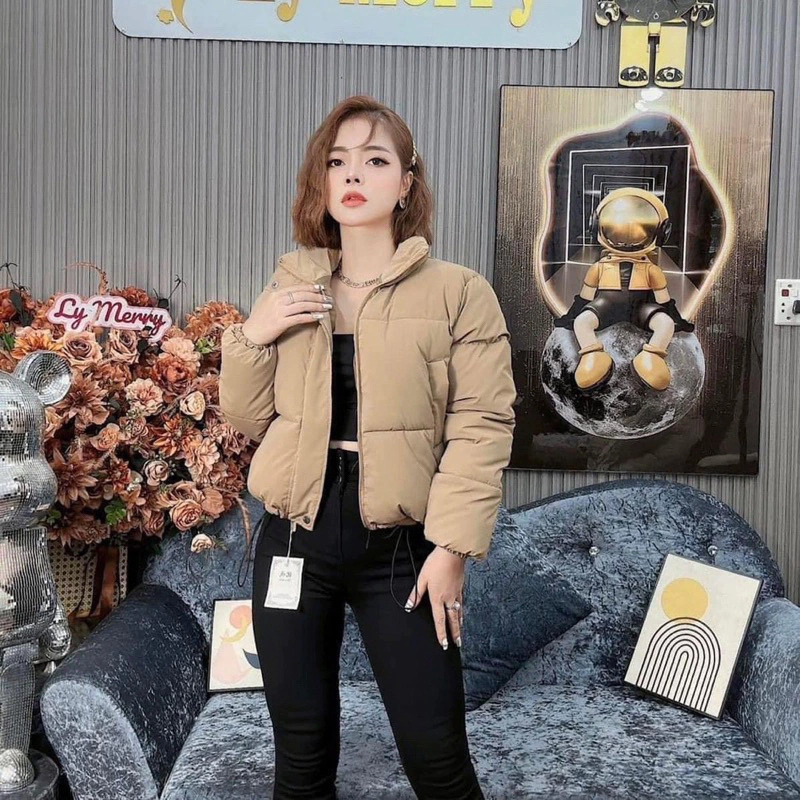 Áo phao nữ nhung lì áo phao có dây rút dáng ngắn áo khoác phao nữ crotop áo phao béo mùa đông
