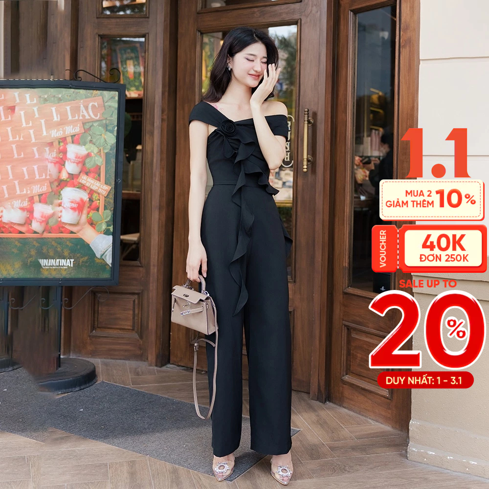 RECHIC Jumpsuit Yata dáng dài đính nơ ngực trễ vai sang trọng thanh lịch