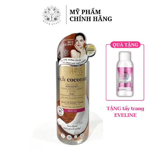 [TẶNG NƯỚC TẨY TRANG 100ML] Nước tẩy trang dưỡng ẩm tinh dầu dừa 2 tác động Eveline Rich Coconut 500ML