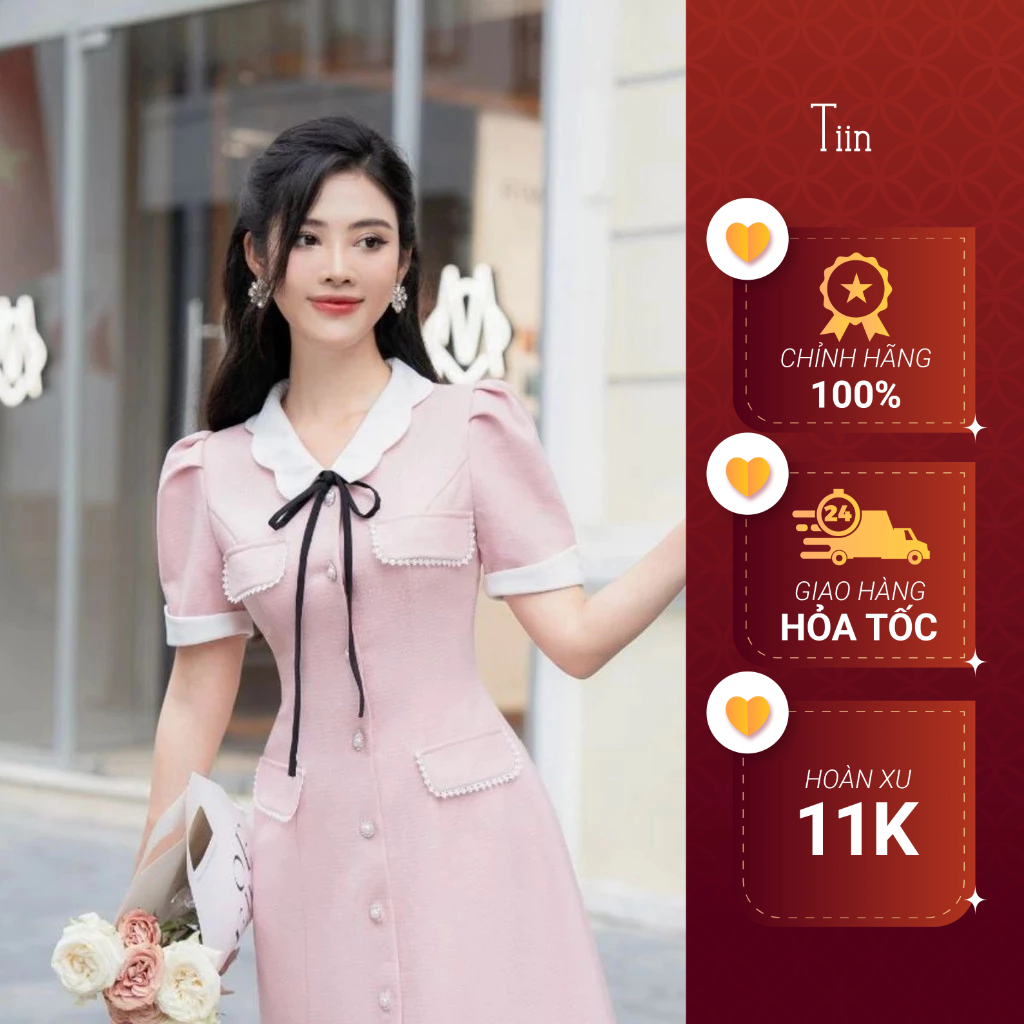 Váy cổ sen lượn 4 nắp túi viền ren TIINSTORE VDN943