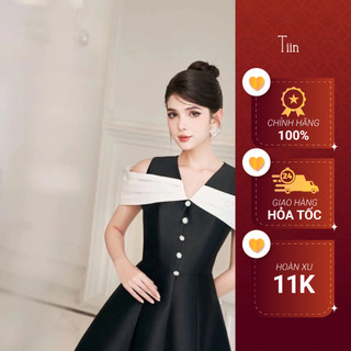 Váy cổ tim phối trễ vai đính khuy TIINSTORE VHN919