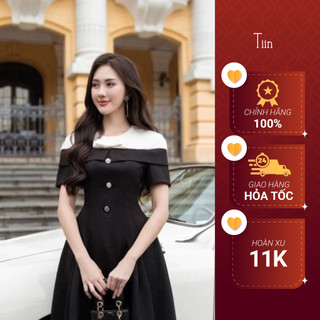Váy vai chờm đáp lật đính nơ màu đen phối kem TIINSTORE VDN977