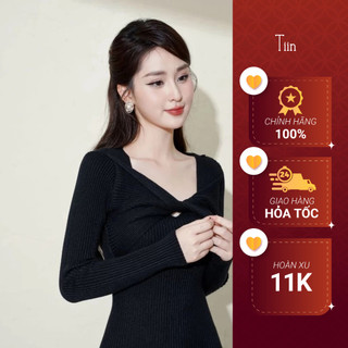 Váy len body nữ xoắn ngực dáng dài màu đen freesize Tiin Store GV23039