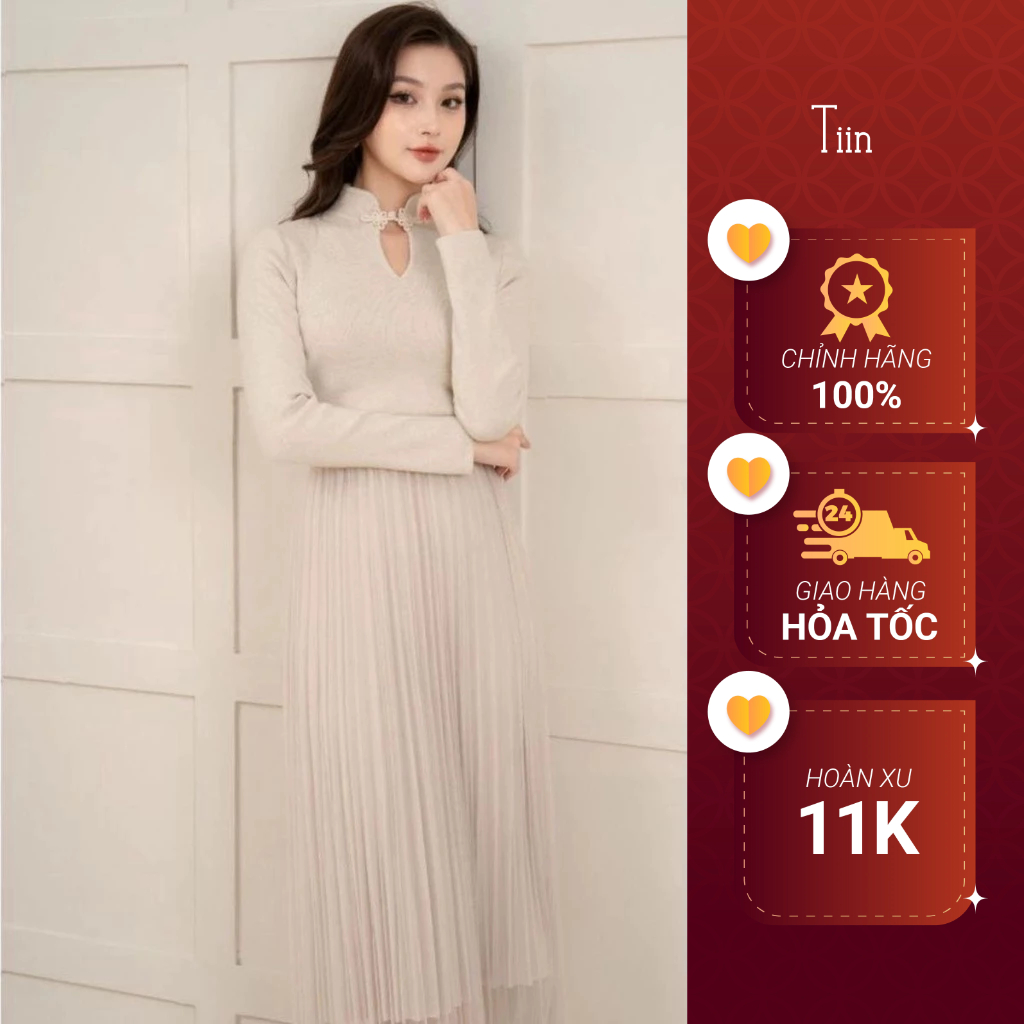 Áo len nữ dài tay họa tiết sườn xám cổ nút khoét lệ màu kem freesize Tiin Store GA23157