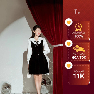 Váy yếm phối trắng cổ viền ren kèm nơ  TIINSTORE  VDD699
