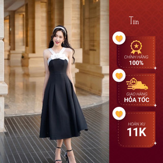 Đầm cúp ngực hai dây dáng dài Váy 2 dây nơ ngực đính hoa thiết kế vải xốp hạt TIINSTORE  V0D779