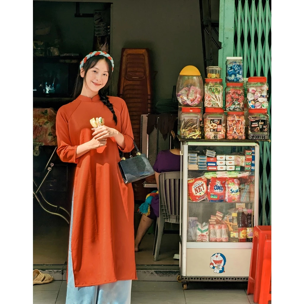 Set Áo Dài Rosemary Lụa Tây Thi Cam Đất