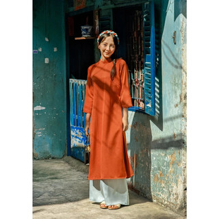 Set Áo Dài Rosemary Lụa Tây Thi Cam Đất