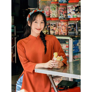 Set Áo Dài Rosemary Lụa Tây Thi Cam Đất