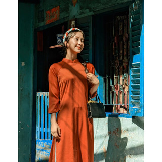 Set Áo Dài Rosemary Lụa Tây Thi Cam Đất