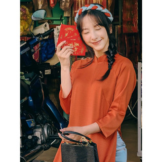 Set Áo Dài Rosemary Lụa Tây Thi Cam Đất