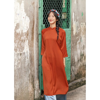 Set Áo Dài Rosemary Lụa Tây Thi Cam Đất