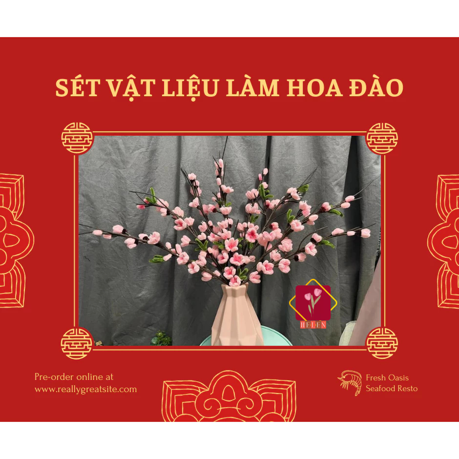 Sét phụ kiện làm cành hoa đào đỏ ,mai vàng bằng kẽm nhung để bàn ,chưng Tết siêu xinh