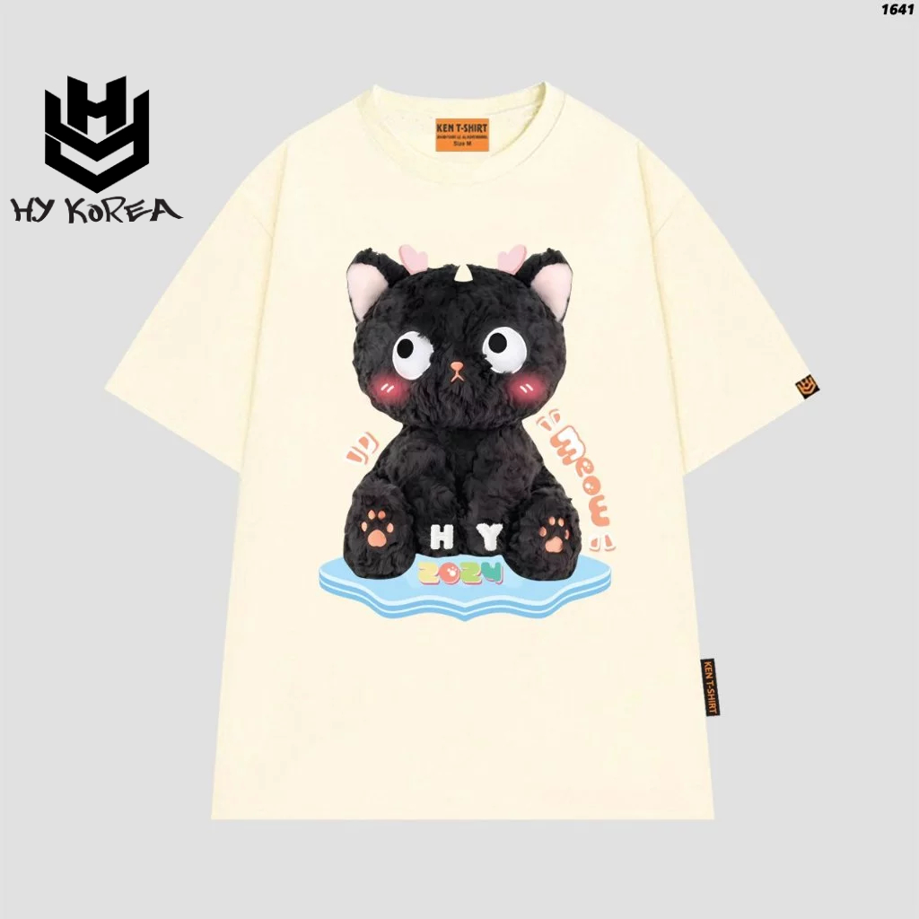 Áo phông unisex HY KOREA Mèo bông đen 1641 cotton 75 form rộng tay lỡ
