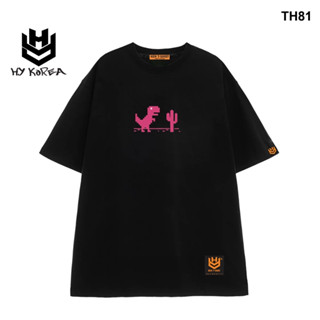 Áo thun HY KOREA form rộng logo thêu khủng long xương rồng 81 tay lỡ nam nữ