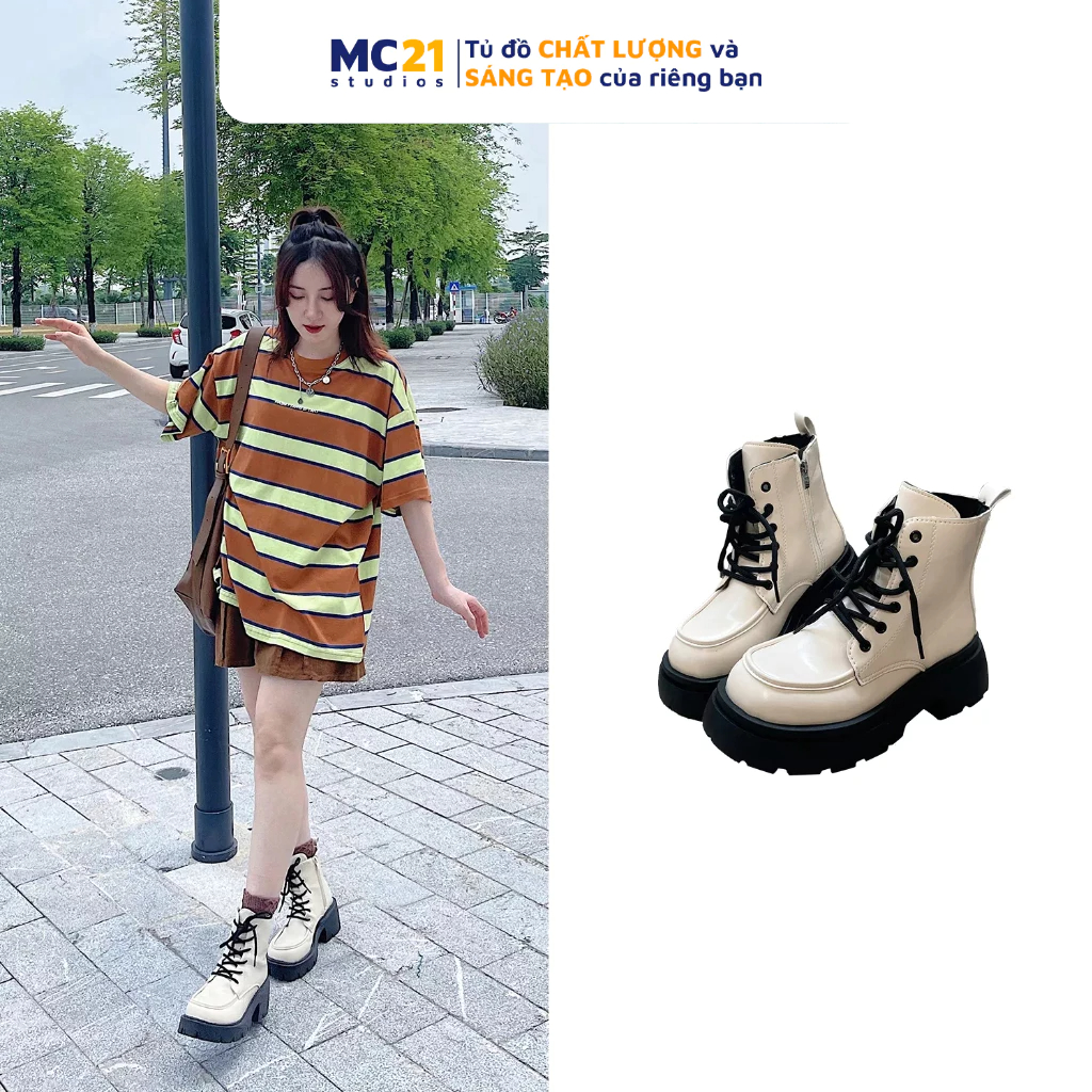 Giày boots cổ cao nữ MINION CLTOTHING đế độn 4cm kéo khoá Ulzzang Streetwear chất da PU xịn đi êm chân G3202