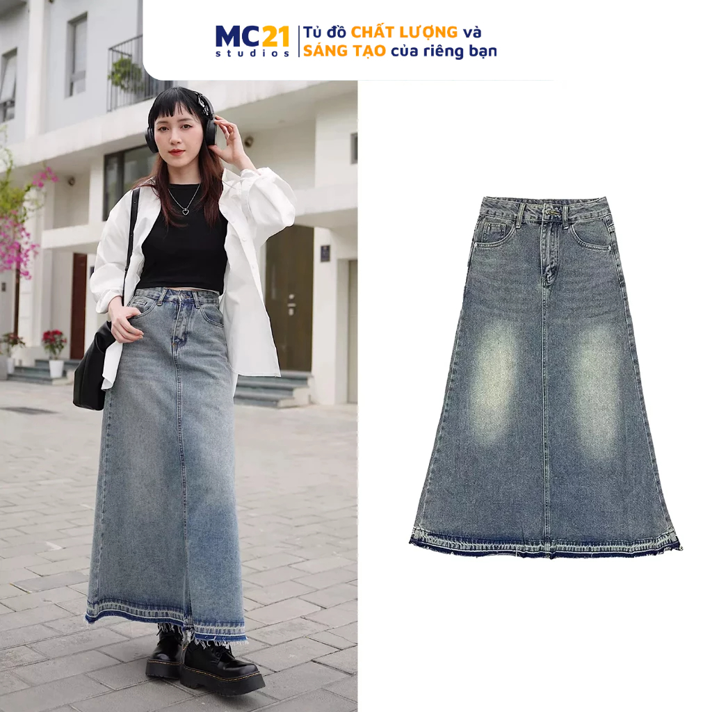 Chân váy jeans dài dáng xoè nhẹ MINIONCLOTHING lưng cạp cao bigsize Ulzzang Streetwear Hàn Quốc chất bò dày dặn V3502