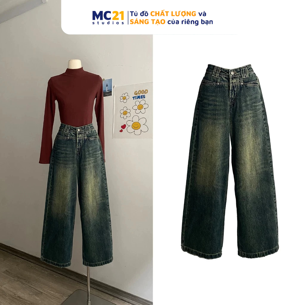 Quần jeans MC21.STUDIOS dáng dài ống suông lưng cạp cao bigsize Ulzzang Streetwear Hàn Quốc chất denim bò xịn Q3806