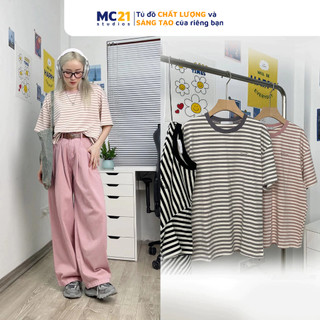 Áo phông kẻ MC21.STUDIOS oversize tay lỡ Unisex Ulzzang Streetwear Hàn Quốc tee form rộng t-shirt nam nữ pull A3609