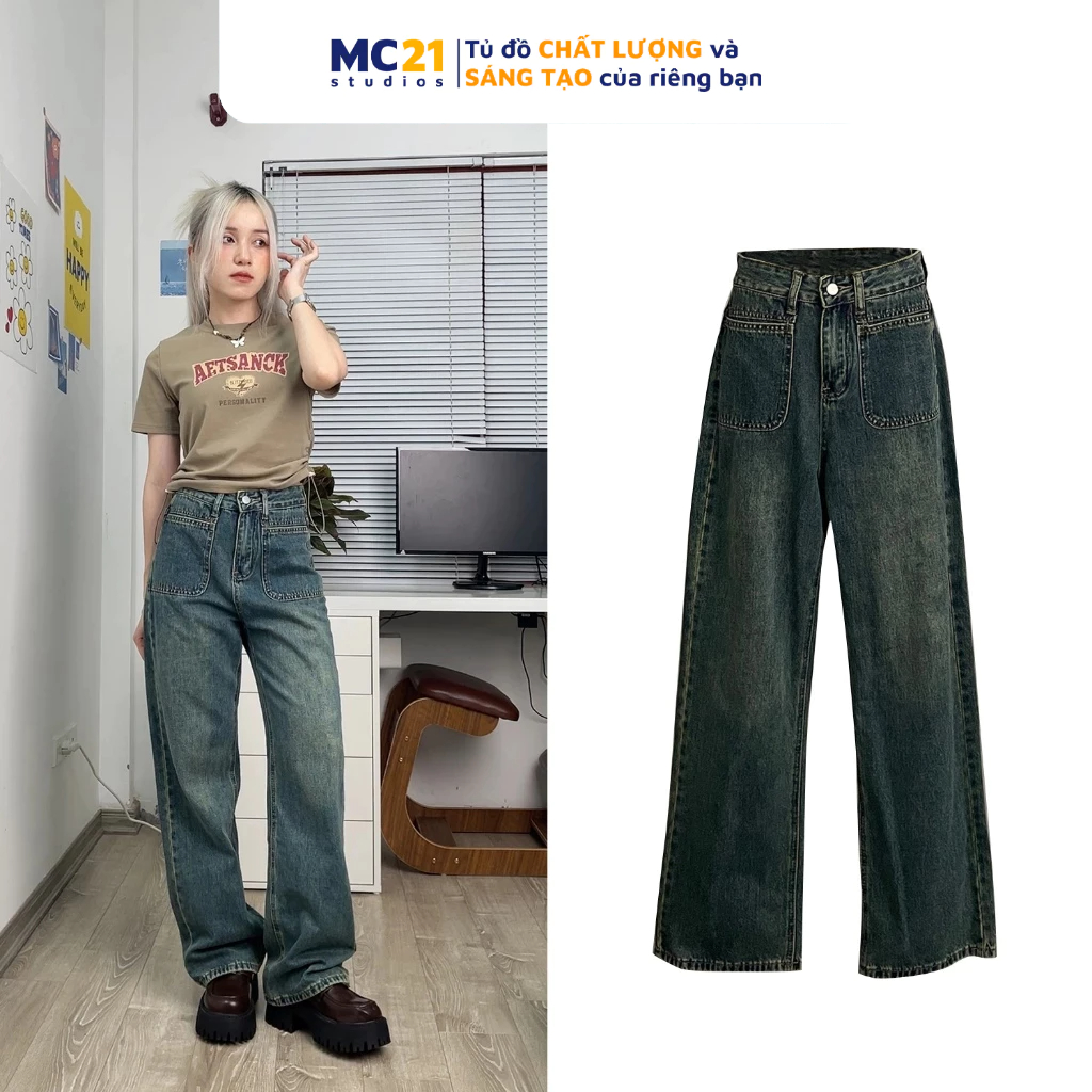 Quần jeans MC21.STUDIOS dáng dài ống suông lưng cạp cao bigsize Ulzzang Streetwear Hàn Quốc chất denim bò xịn Q3714