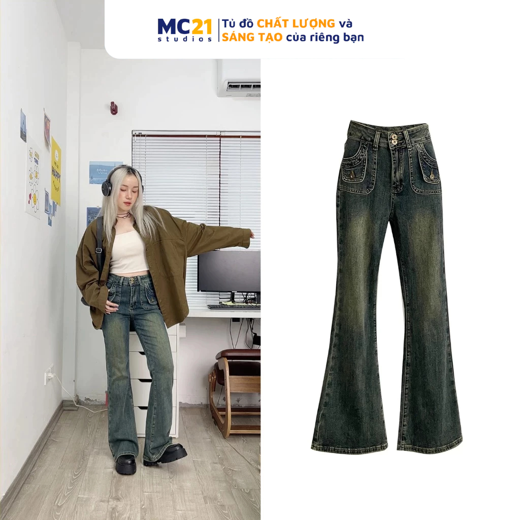 Quần jeans nữ suông ống loe MINION CLOTHING lưng cạp cao dáng đứng Ulzzang Streetwear Hàn Quốc Q3704