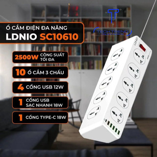 Ổ cắm điện LDNIO SC10610 100-250V, 10 lỗ cắm (2500W) + 5 USB-A & 1 USB-C (30W), sạc nhanh PD & QC 3.0, dây dài 200CM