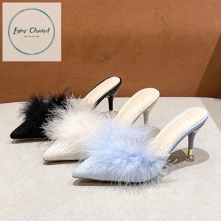 Giày cao gót lông vũ mũi nhọn & da lộn cao cấp sang trọng hàng quảng châu cao cấp fullbox