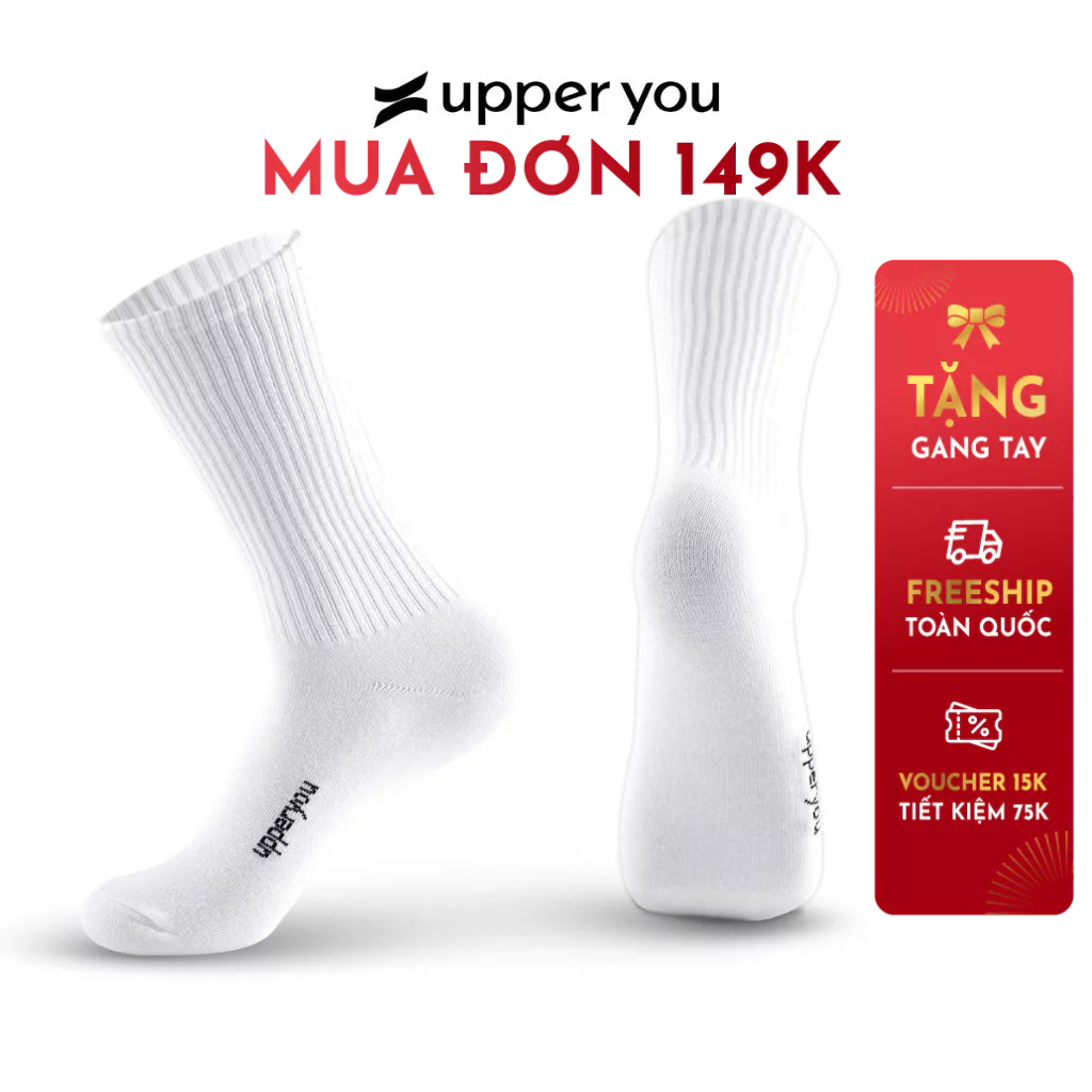 Tất Vớ Nam Nữ Gân Trơn Cổ Cao UPPER YOU Cotton Tự Nhiên Thời Trang 2 Màu Đen Trắng Dày Dặn Êm Ái - BSF4001