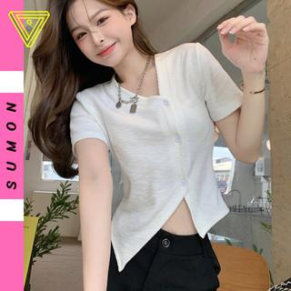 Áo Croptop SƠ MI LỆCH CÚC  Tay Ngắn Vạt Nhọn, Áo Thun Crt Chất Gân Kiểu Trơn Đẹp Tôn Dáng - SUMON