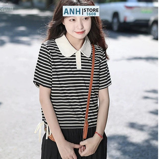 Áo Po lo nữ sọc tay ngắn , phom crop top ANHSTORE, áo polo croptop nữ phong cách Hàn Quốc