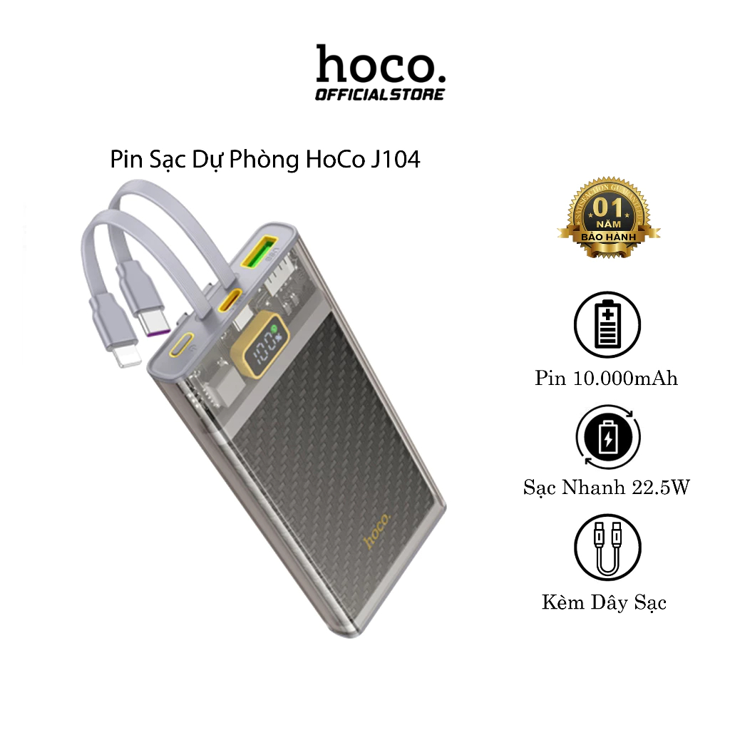 Pin Sạc Dự Phòng Hoco J104, Dung Lượng 10000mAh, Hỗ Trợ Sạc Nhanh 22.5W / PD QC3.0, Tích Hợp Dây Sạc