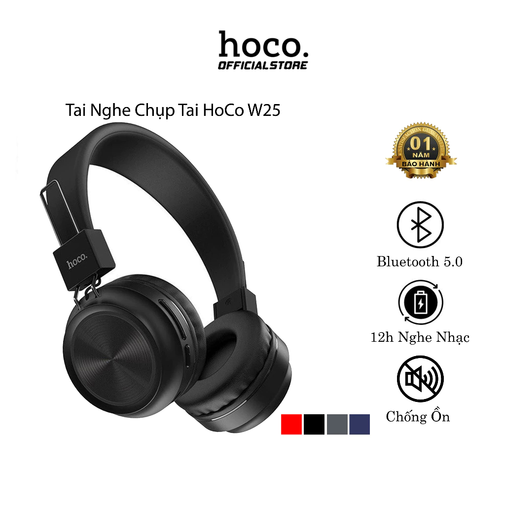 Tai Nghe Chụp Tai Bluetooth Hoco W25, 12H Nghe Nhạc, Micro Đàm Thoại, Đệm Mút Không Đau Tai, Kèm Jack 3.5.