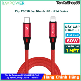 Cáp Sạc Nhanh Ravpower RP CB050 USB-C to L Cho iP8 - iP14 Chuẩn MFl , Bện Dù Siêu Bền