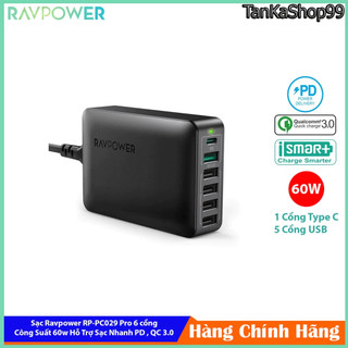 Củ sạc để bàn ravpower rp pc029 pro pd pioneer 6 cổng, 60w hỗ trợ sạc nhanh điện thoại máy tính laptop