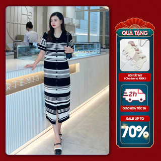 Đầm Polo Sọc Đen Trắng Michi House Váy Xuông Công Sở Dáng Dài Qua Gối Freesize Thoải Mái Bầu Mặc Xinh V487