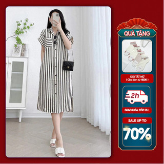 Đầm Suông Công Sở Michi House Váy Sơ Mi Dáng Suông Thiết Kế Dáng Dài Qua Gối Họa Tiết Kẻ Sọc Freesize Bầu Mặc Xinh K16