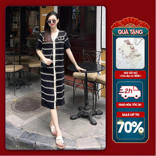 Đầm Len Mongtoghi Mỏng Mát Suông Michi House Váy Xuông Cổ V Co Dãn Tốt Dáng Dài Qua Gối Freesize Bầu Mặc Xinh K73