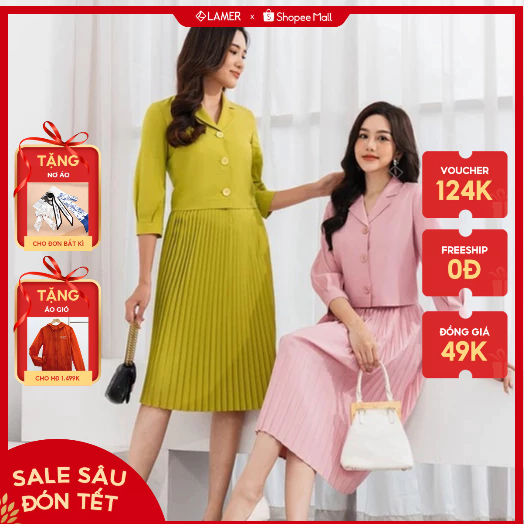 Set Áo Vest Lửng Nữ, Chân Váy Dập Ly Công Sở LAMER O62L22Q001 O65D22Q001